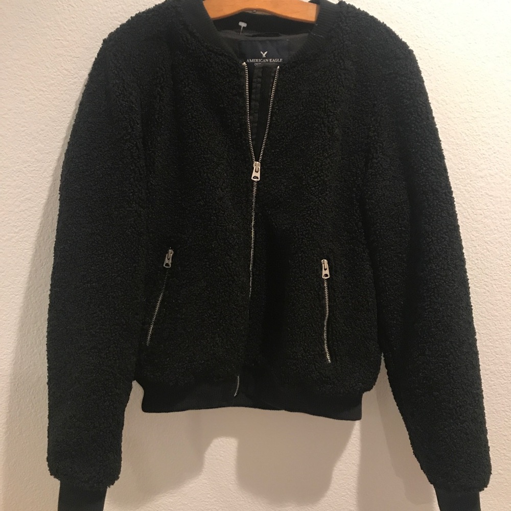 NEW AE Black Fuzzy Bomber Jacket